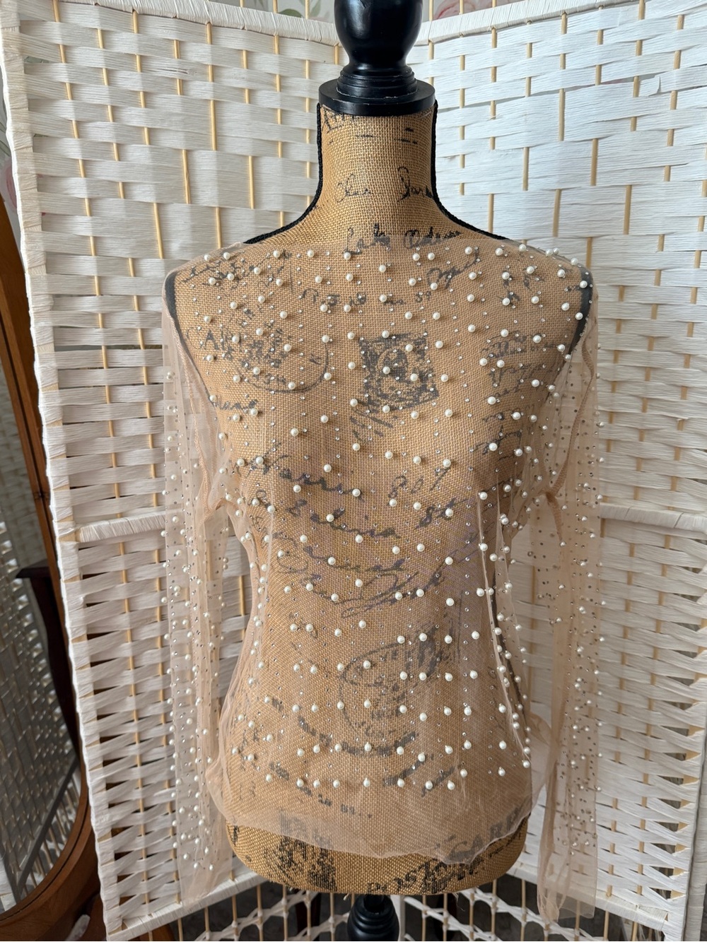Sheer Nude Pearl Embellished Mesh Top